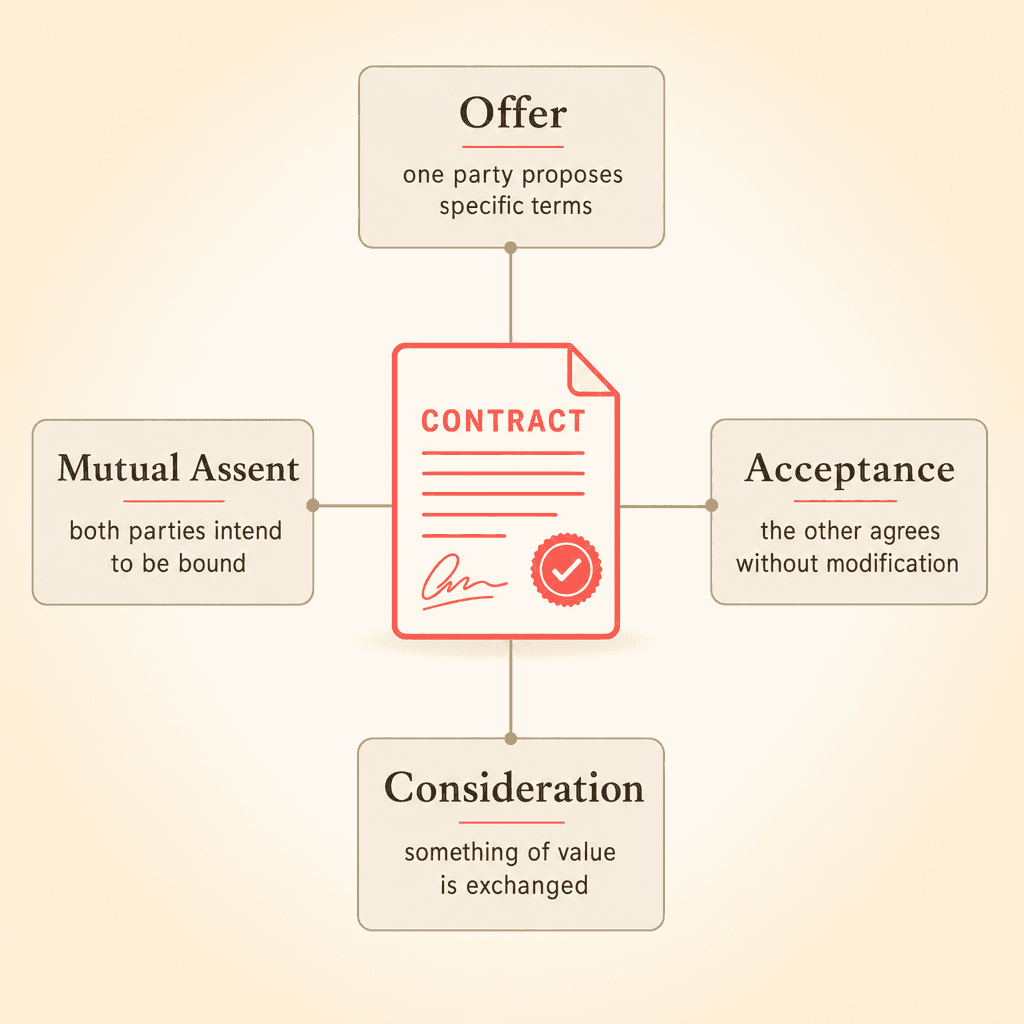 Diagram of the four core elements of an express contract: offer, acceptance, consideration, and mutual assent