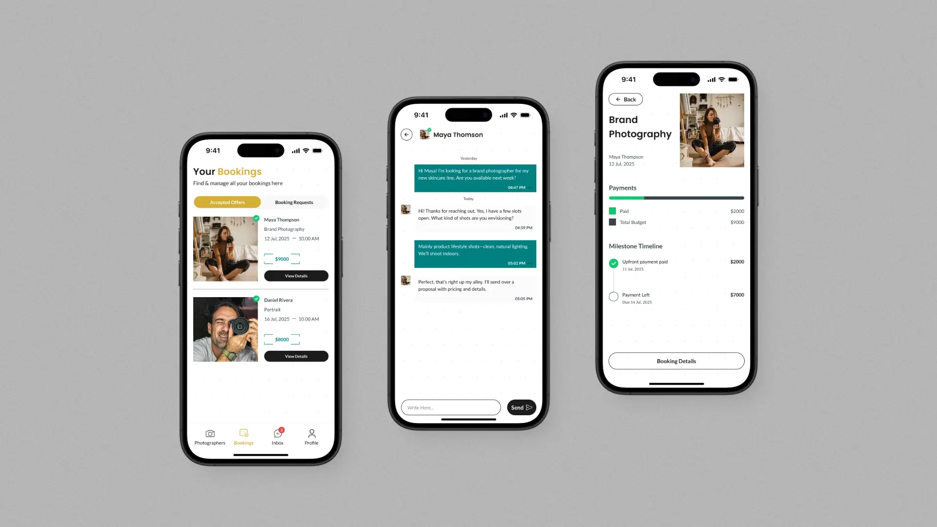 A detailed mobile screen showing the BookedLens booking management interface, including schedule information, status updates, and professional details.