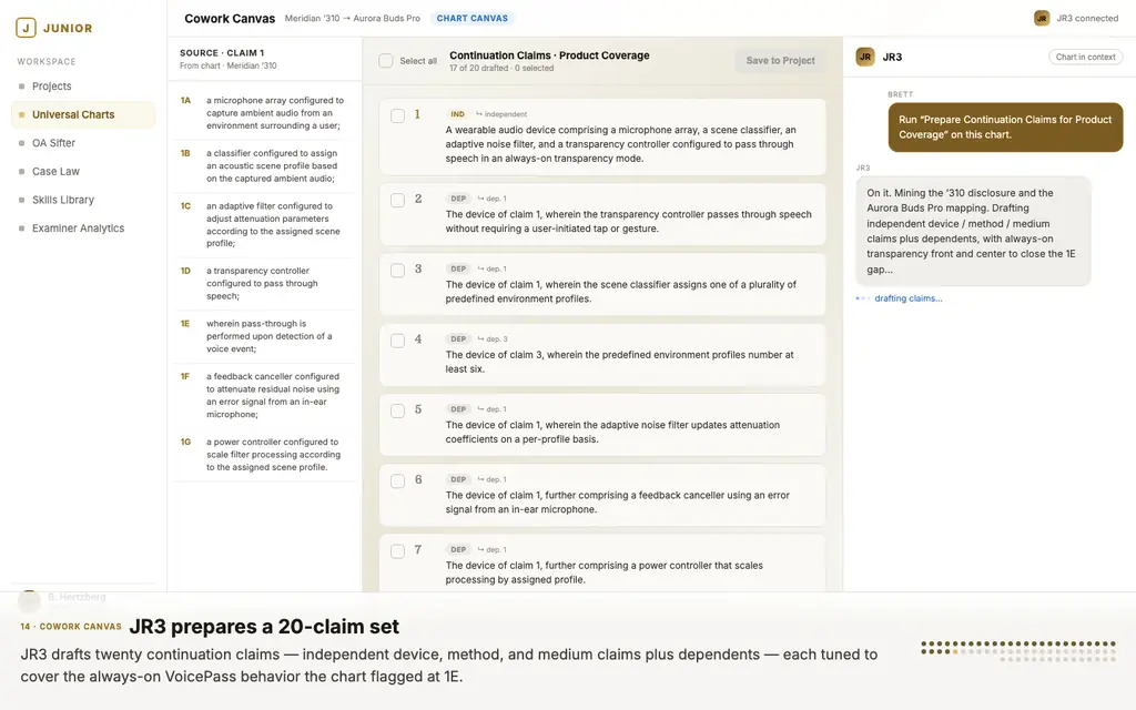 JR3 drafting a 20-claim coverage-tuned continuation set in the Cowork Canvas, with claim selection and one-click Save to Project