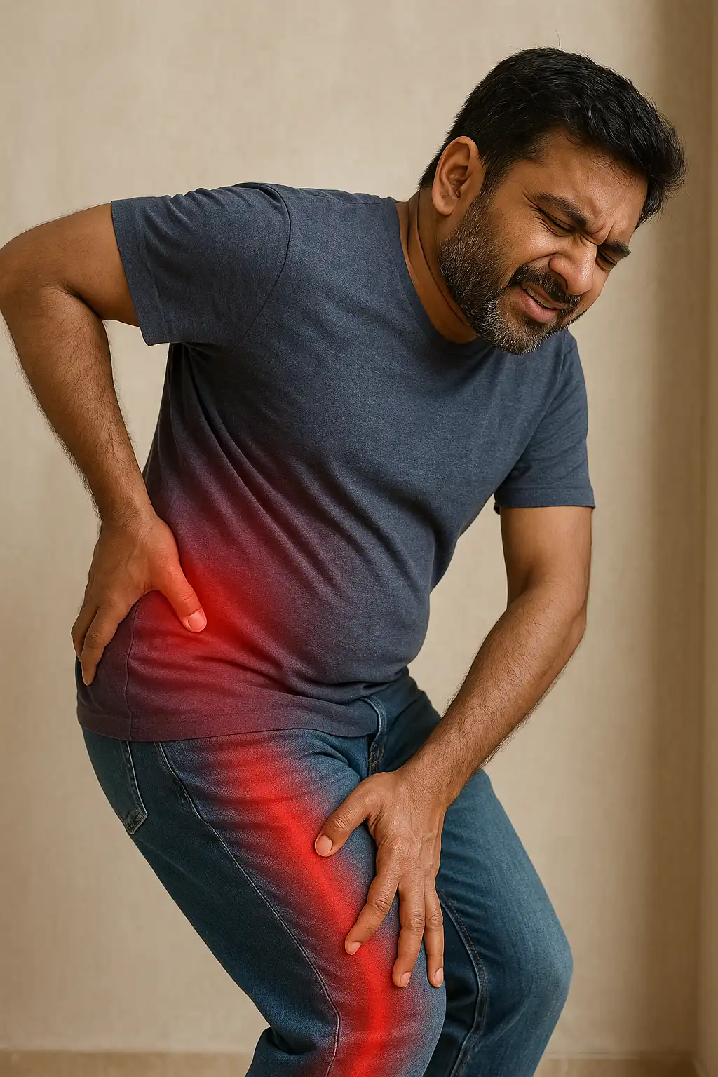 A man clutching his lower back and thigh with a painful expression, with a red glow added along the hip and leg to illustrate sciatic nerve pain.