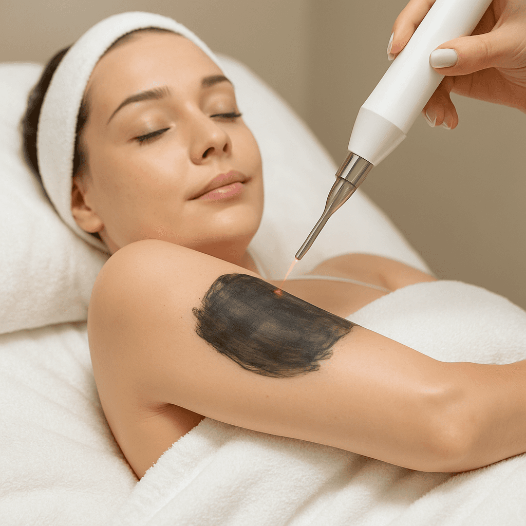 A woman lying down with a towel wrapped around her head, her face glowing with facial oil. She has a peaceful expression, enjoying a skincare treatment.