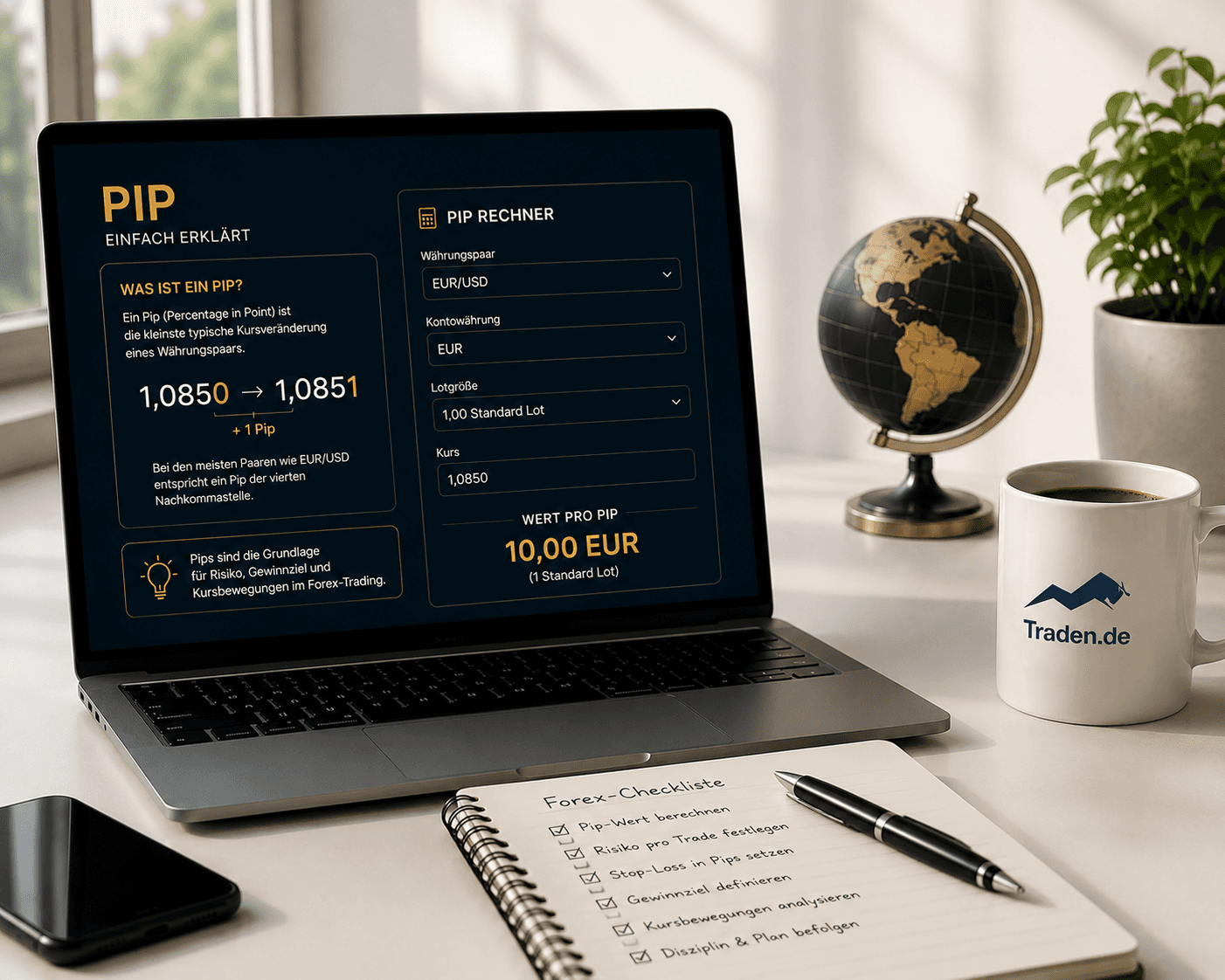 Laptop mit geöffnetem Pip-Rechner, Forex-Beispiel für EUR/USD und berechnetem Pip-Wert auf einem modernen Trading-Arbeitsplatz.