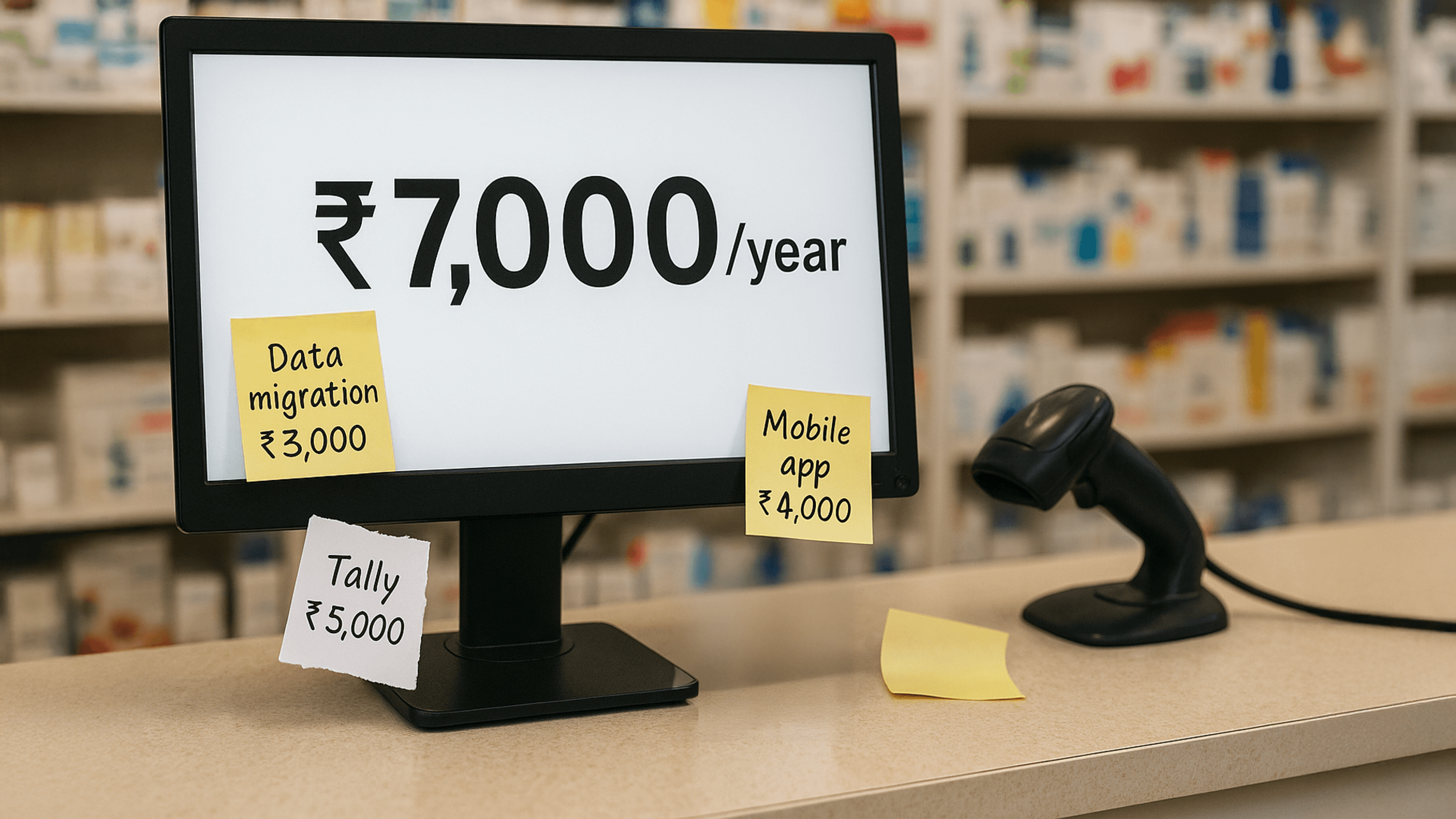 Pharmacy billing screen showing ₹7,000 yearly software fee with extra costs for data migration, mobile app, and Tally integration.