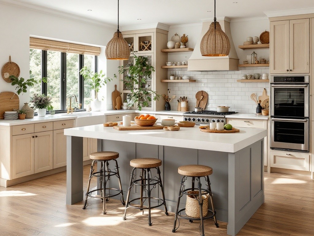 A kitchen island with three stools in a bright kitchen