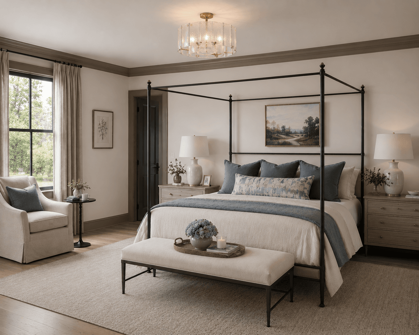 Bright modern French country bedroom with a black iron canopy bed dressed in white and dusty blue bedding, light wood nightstands, creamy greige walls with dark trim, an upholstered bench, neutral rug, brass ceiling light, and a cozy reading chair by the window.