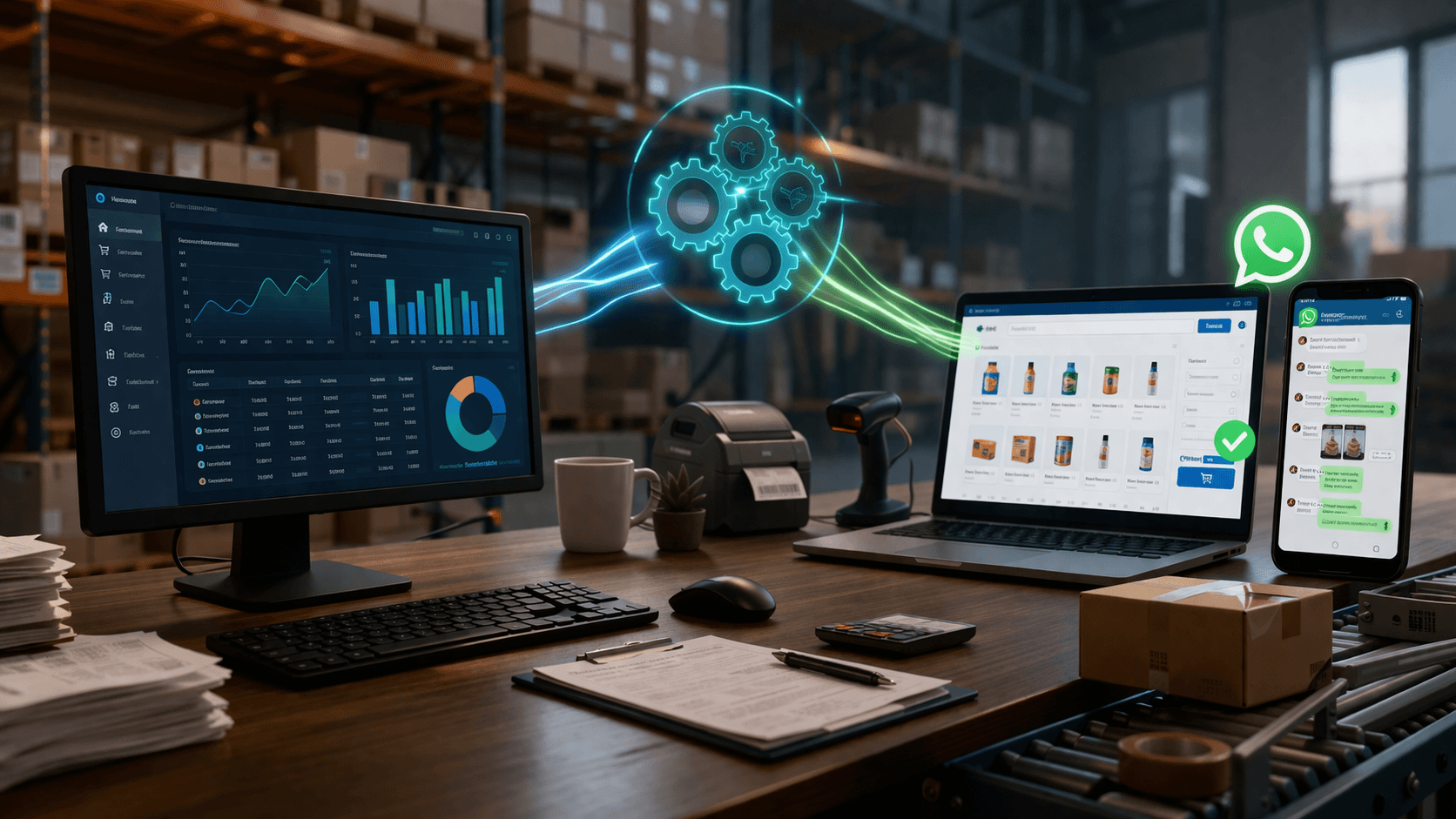 Ambiente de distribuidora em estilo 3D realista, com mesa de trabalho em primeiro plano contendo computador com dashboard organizado (representando o back-office), ao lado um notebook com interface de portal B2B e um celular exibindo conversas de pedidos. Ao fundo, prateleiras de estoque e caixas. Elementos visuais conectam os dispositivos, sugerindo integração e automação entre sistemas e canais de venda, sem presença de pessoas.