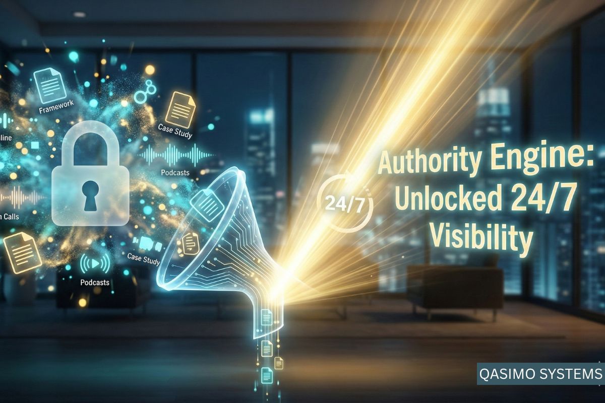 A high-tech digital funnel, labeled as a GEO engine, pulls in scattered data points like "Zoom Calls," "Podcasts," and "Frameworks". The funnel transforms this unstructured expertise into a powerful, radiating beam of light labeled "Authority Engine: Unlocked 24/7 Visibility," symbolizing how GEO creates a quiet authority engine for coaches.