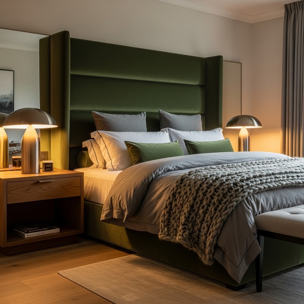 Boutique hotel-style bedroom concept with layered bedding and warm lighting.