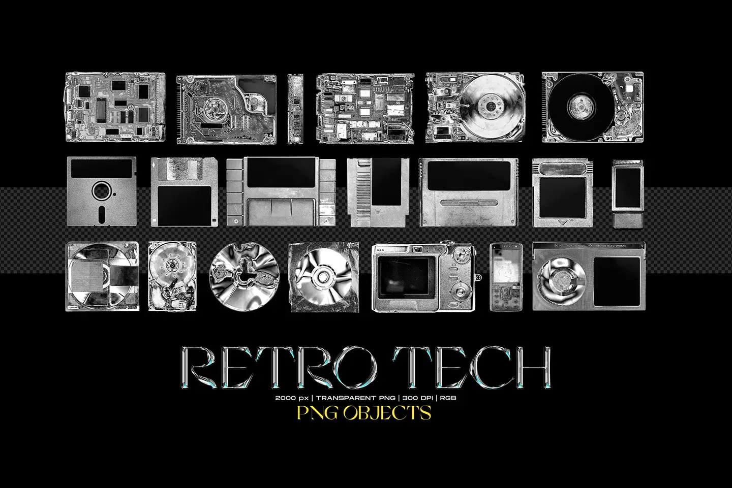 Chromatic Toolkit retro tech objects including metal floppy disks hard drives and vintage cameras in chrome