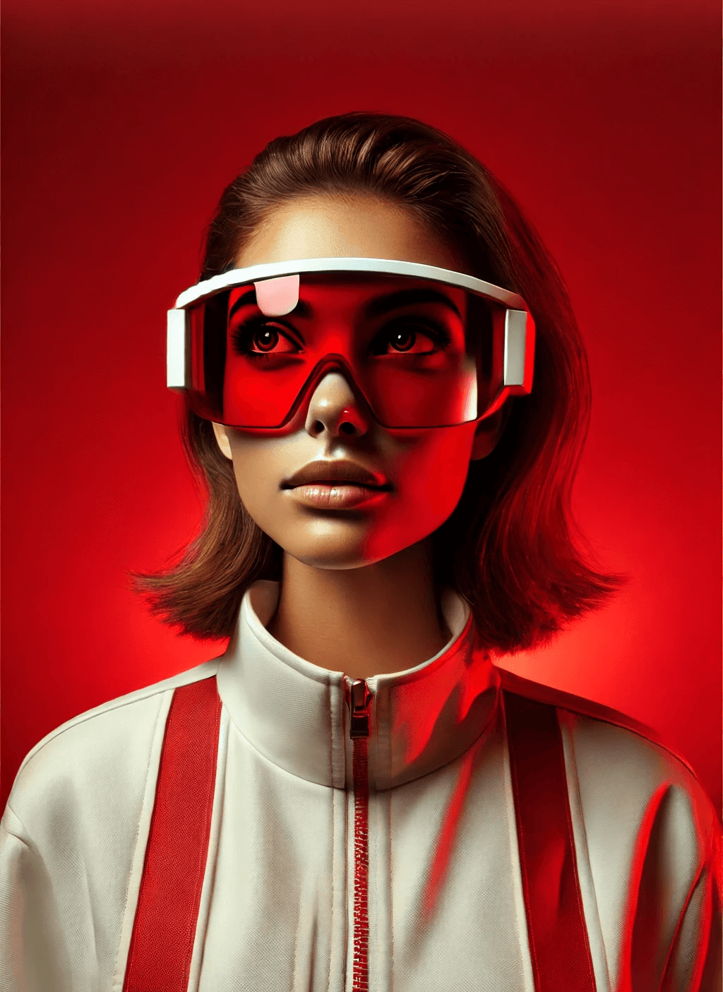 Confident woman wearing red futuristic VR glasses and white jacket with red stripes, centered against bold red background.