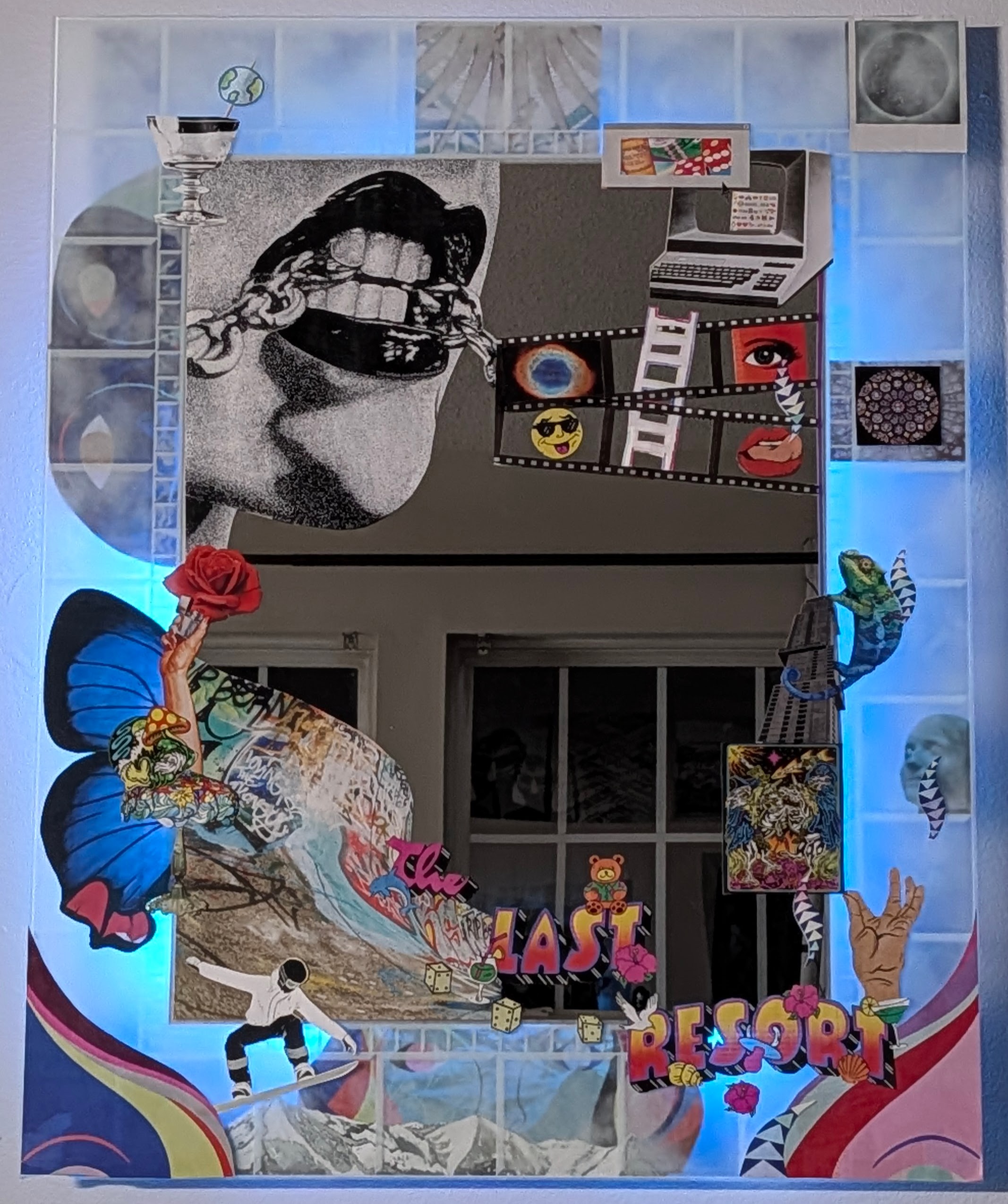 multimedia collage piece on a mirror