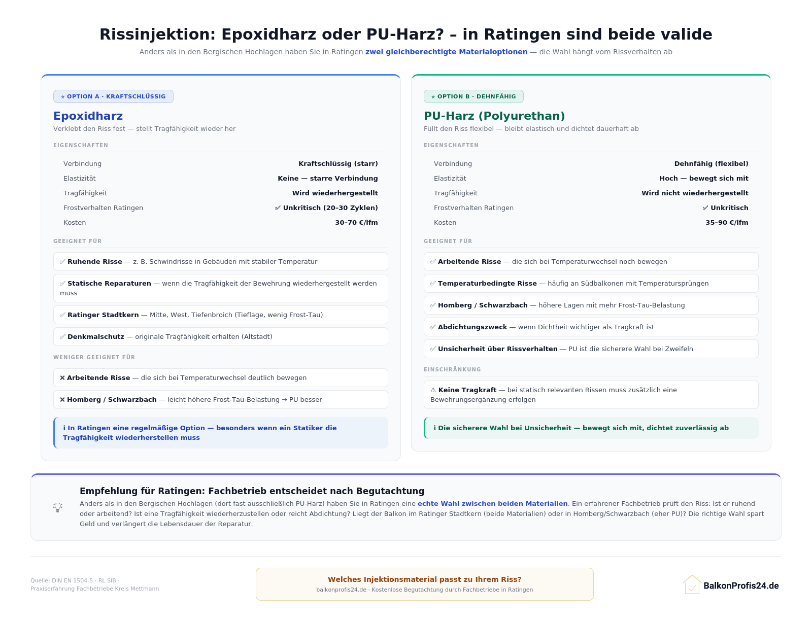Infografik: Entscheidungsmatrix Epoxidharz vs. PU-Harz für Rissinjektion an Ratinger Balkonen – beide Materialien sind valide Optionen im Tiefland-Klima