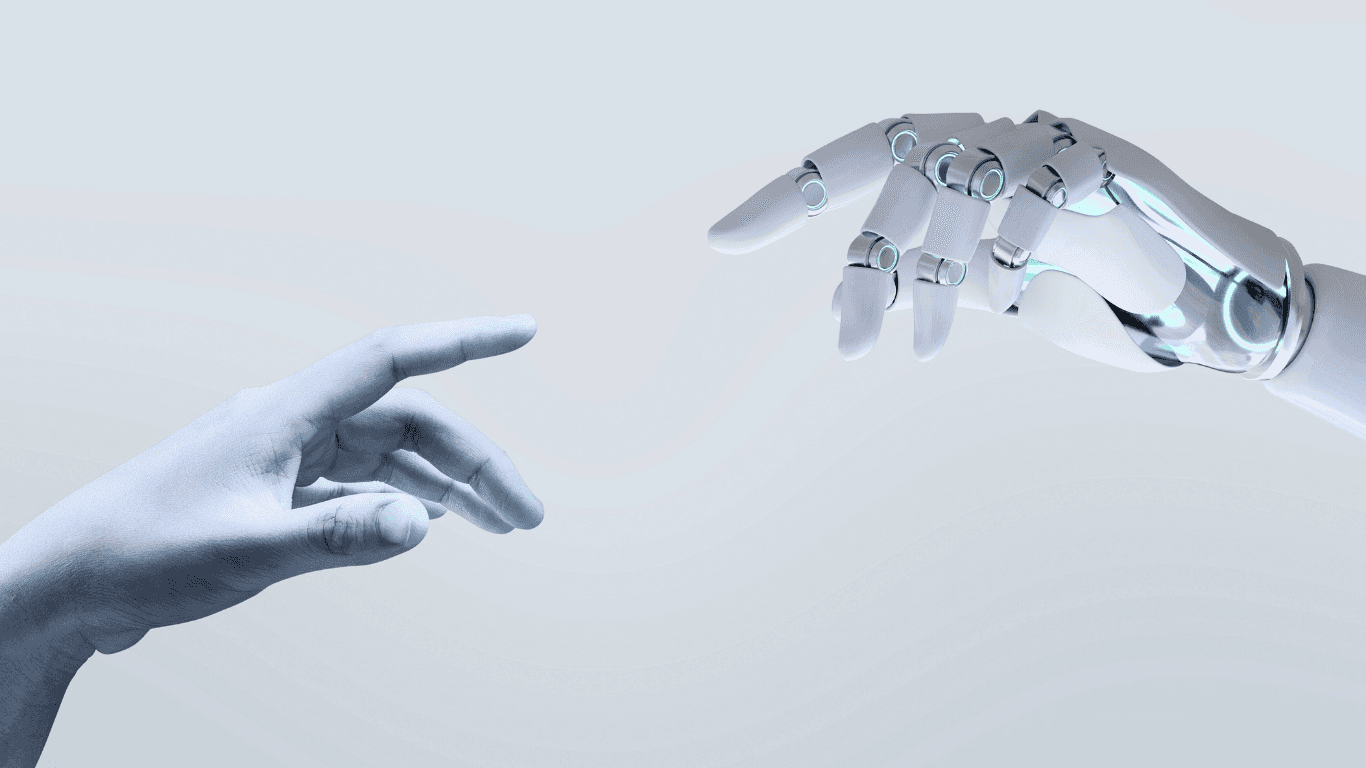 Human and robotic hands reaching toward each other, representing the balance between AI technology and human connection.
