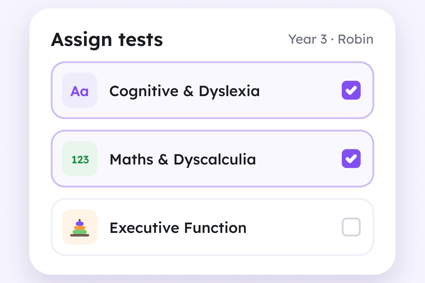 Talamo’s Assign tests window: Cognitive & Dyslexia (9 short tasks) and Maths & Dyscalculia (15 short tasks) are ticked for a Year 3 class, Executive Function (8 short tasks) is not.