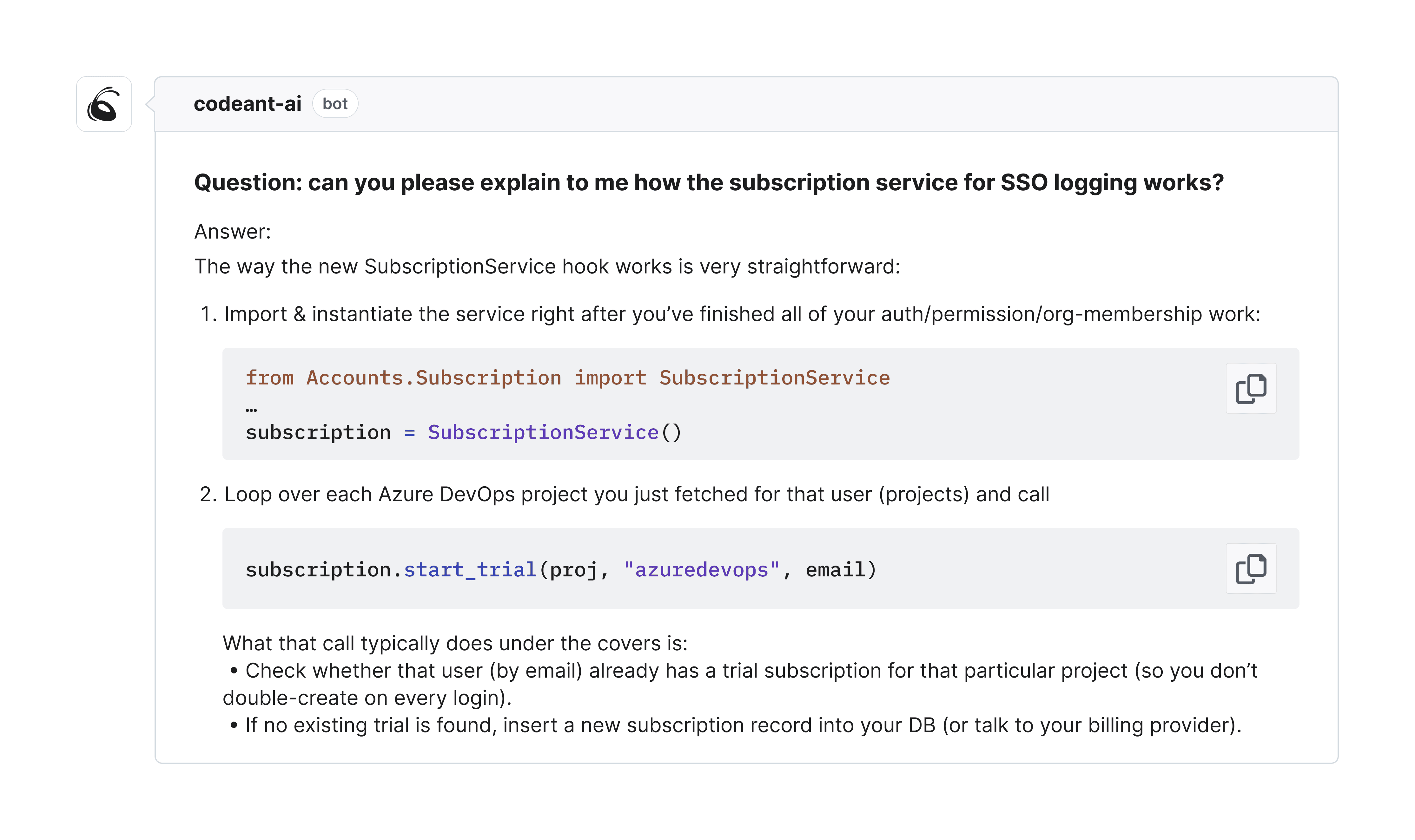 CodeAnt AI's AI chat interface answering questions about a pull request with context from code changes and diffs.