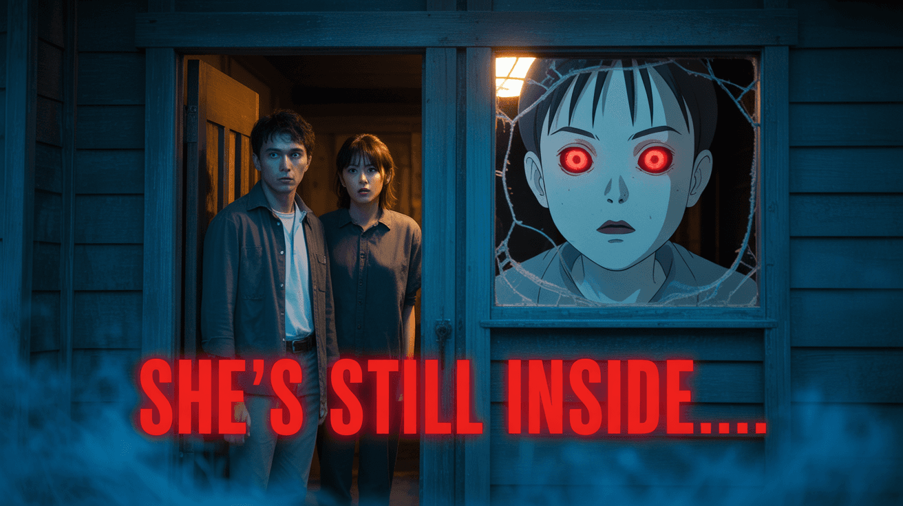 Frightened couple at haunted Japanese house doorway with red-eyed ghost girl and Shes Still Inside text