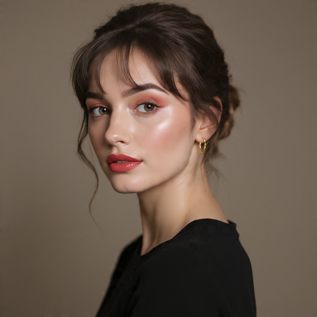 A woman with brown hair and bright makeup looks over her shoulder, wearing a black top and gold hoop earrings. The mood is elegant and serene.