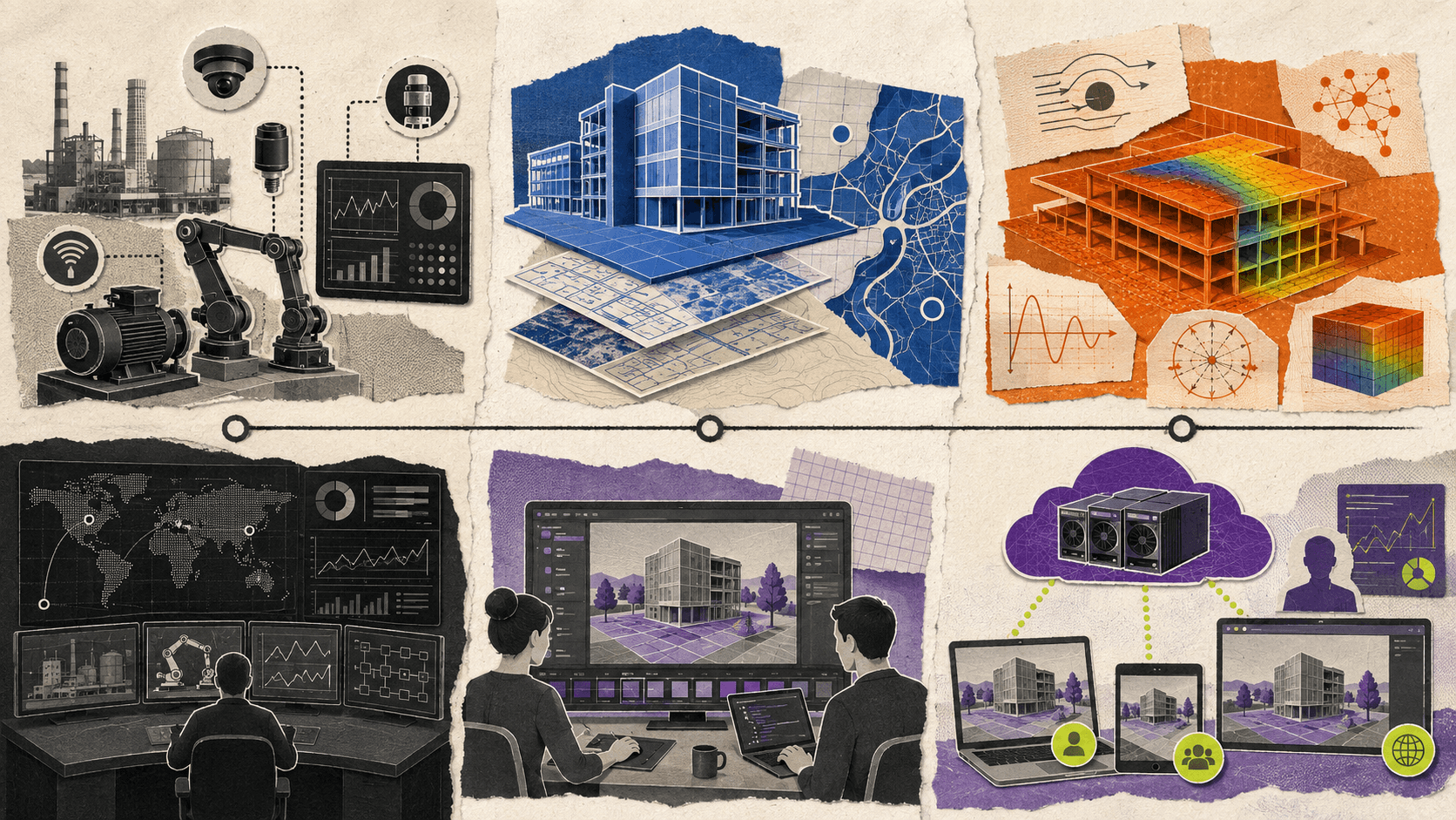 Layered digital twin architecture connecting factory sensors, data storage, BIM and GIS models, simulation, cloud GPUs, browser devices, and monitoring.