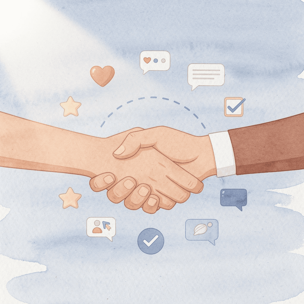 Scene illustration showing a business handshake with branded merchandise and logistics icons floating around it