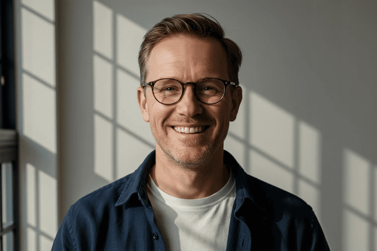 Smiling man wearing glasses and a navy shirt over a white t-shirt, standing in front of a sunlit wall with window shadows.