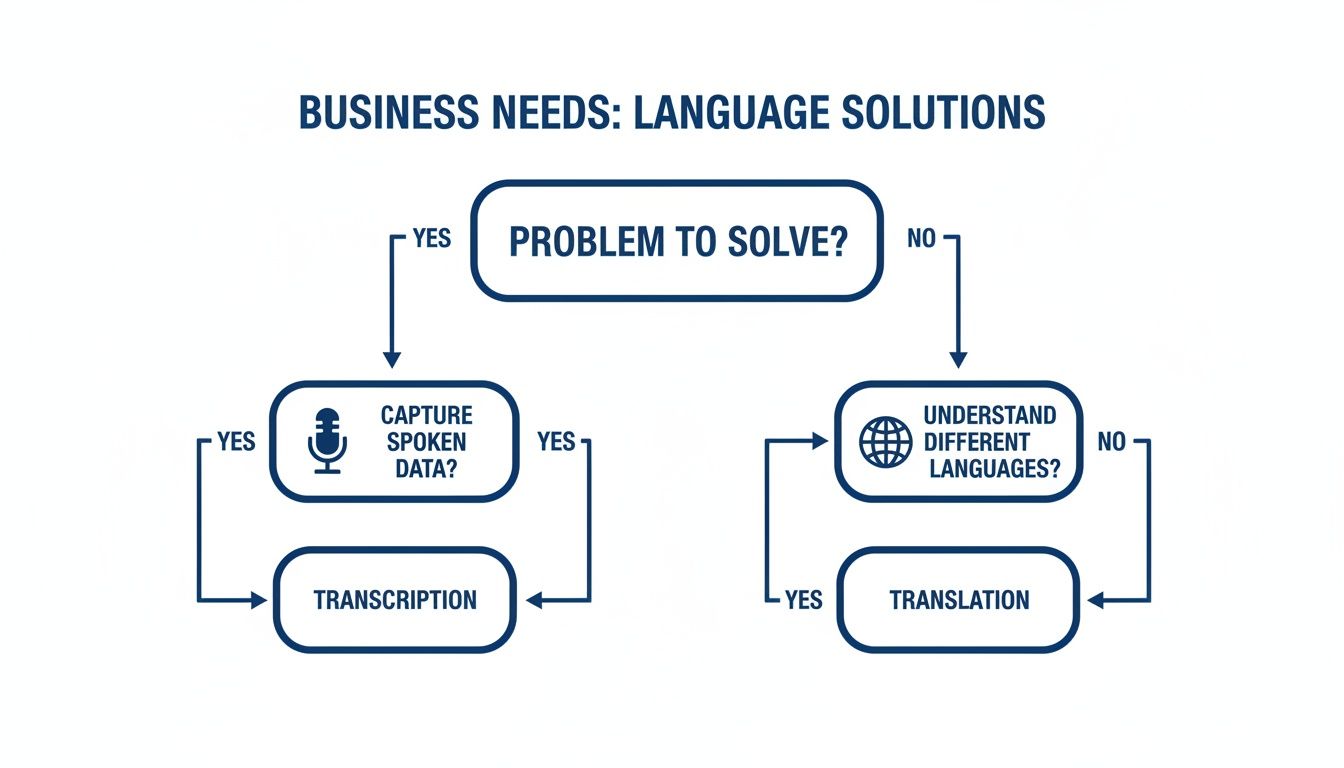 A flowchart illustrating business needs and language solutions, guiding decisions towards transcription or translation services.