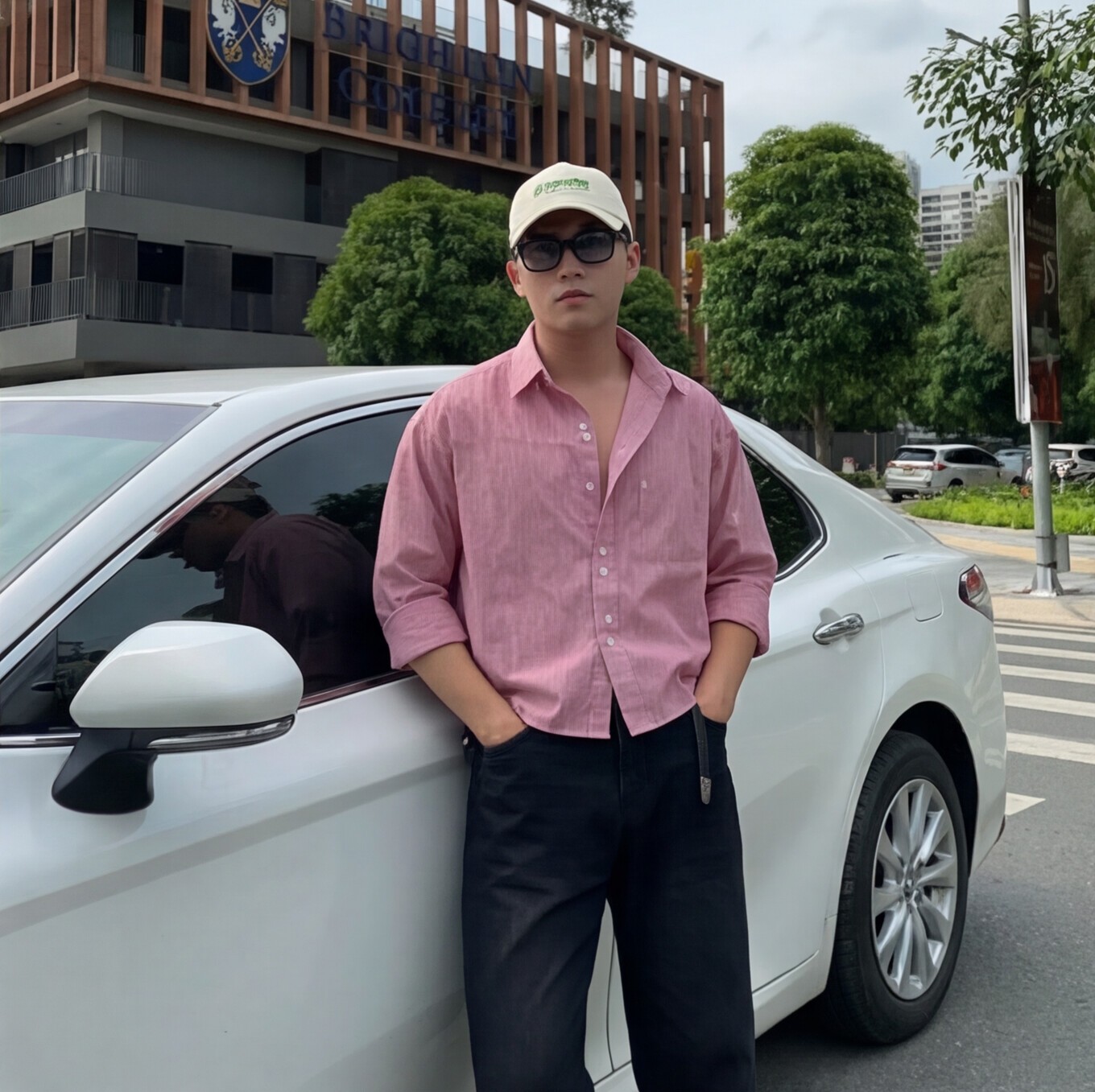 Pink Striped Shirt with Black Relaxed Trousers