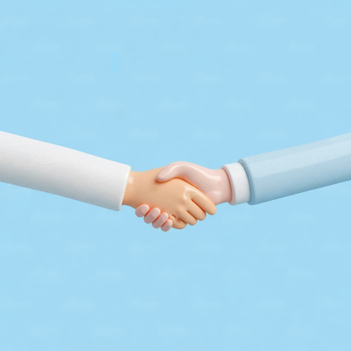 3D illustration of two hands shaking against a light blue background, representing the initial consultation—a welcoming first step to discuss goals and explore needs.