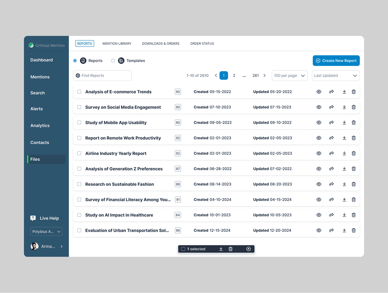 Mockup of populated reports list