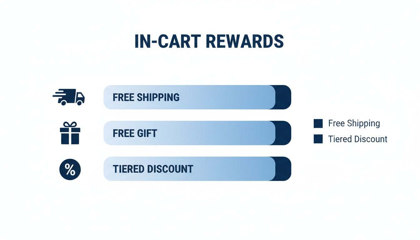 Illustration of in-cart rewards: free shipping, free gift, and tiered discount, with corresponding icons.