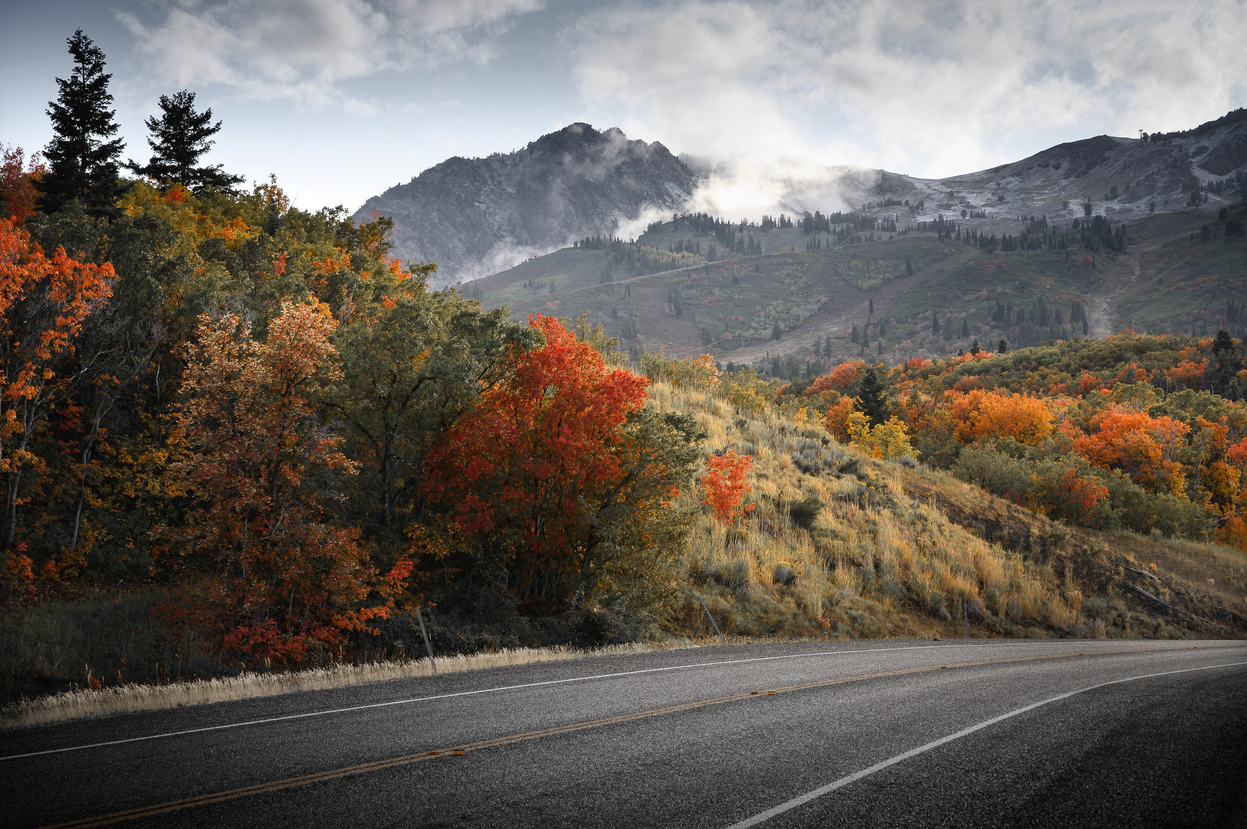 Moody image showing the fall colors and cold weather entering Snowbasin Road in Northern Utah