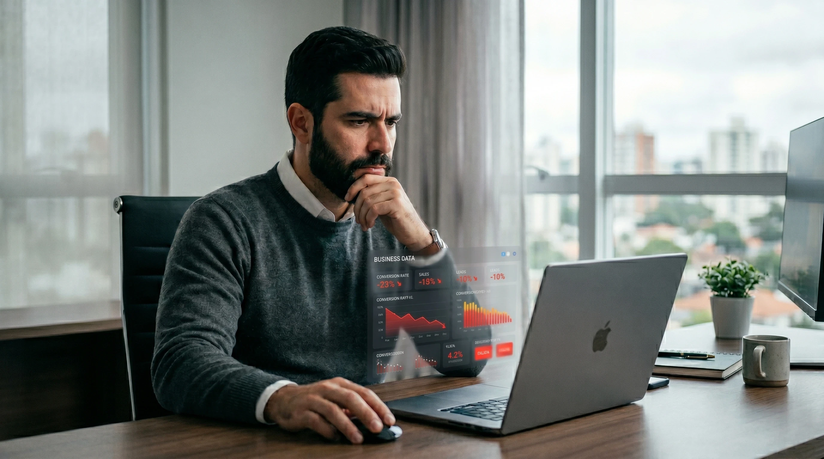 mpresário analisando dashboard com métricas de conversão em queda, identificando perda de leads na landing page