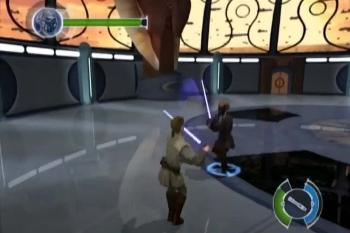 A gameplay screenshot from Star Wars: Obi-Wan on the original Xbox, featuring a duel between Obi-Wan Kenobi and Plo Koon in the Jedi Temple. Both characters wield blue lightsabers as they engage in combat, with the game's health bar and interface elements visible on the screen. The background features large windows overlooking Coruscant.