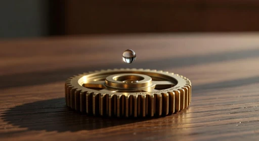 Single water droplet suspended above a brass mechanical gear on wood - Energy State emotional resilience metaphor
