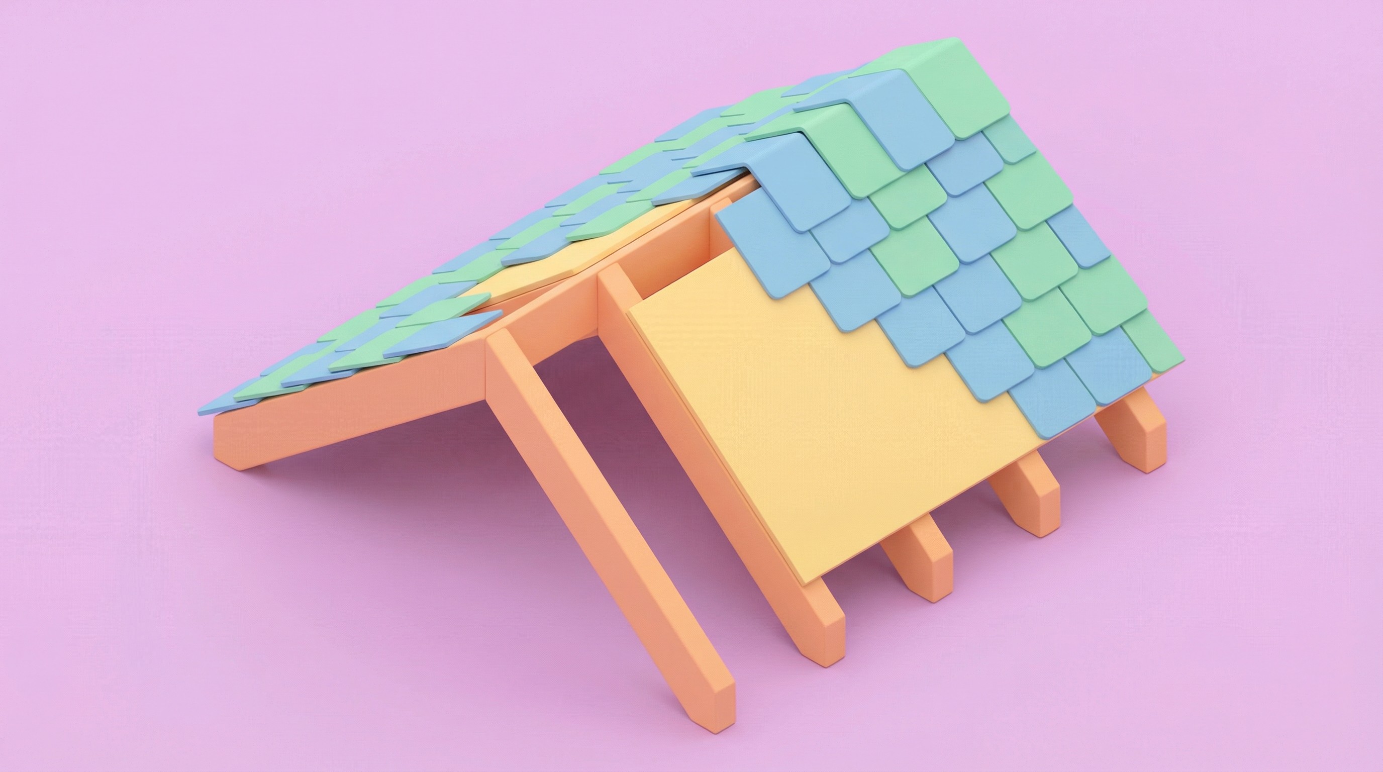 3D illustration of a miniature roof under construction with blue and green shingles on a yellow wall.