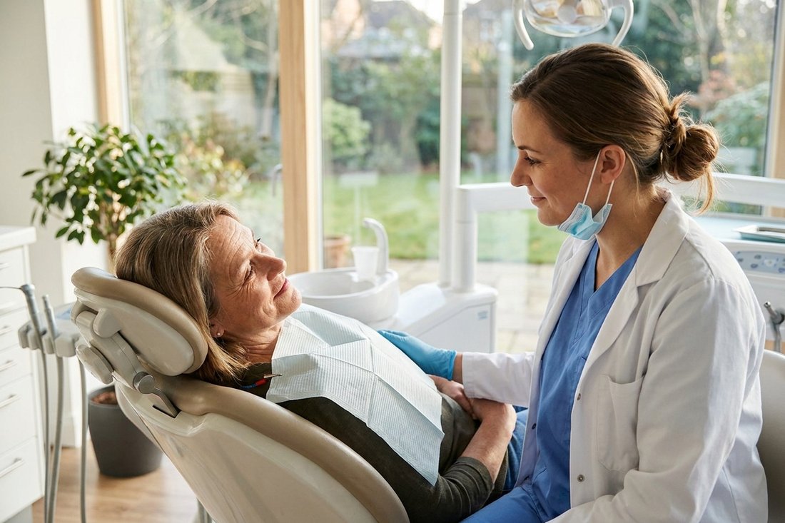 Dentist reassuring a comfortable, relaxed patient during a dental appointment