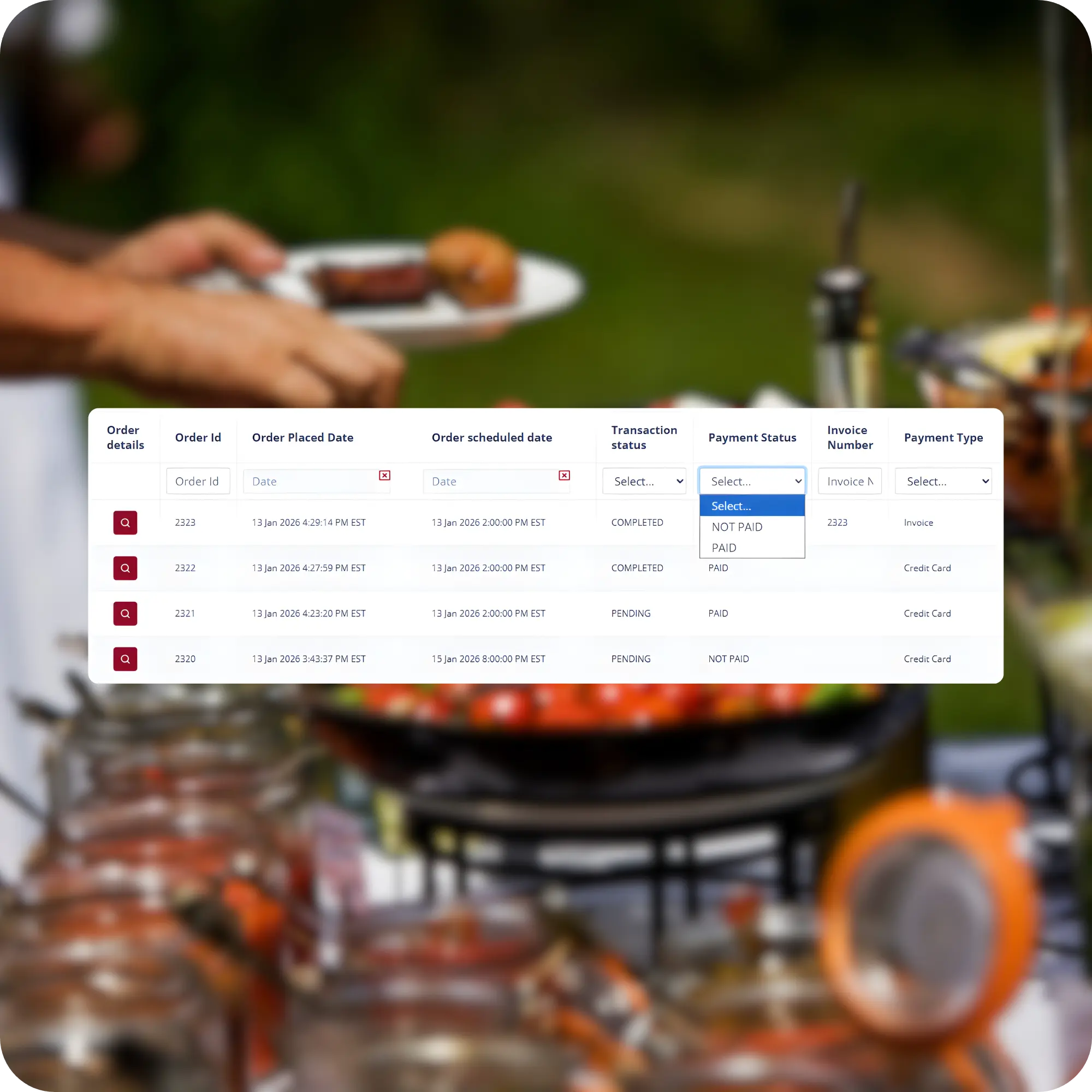 Corporate client portal for office managers to manage repeat catering orders and invoices
