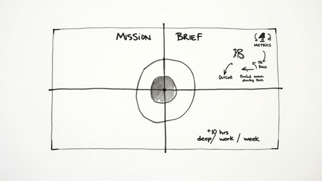 A person writing on a whiteboard, outlining a strategic mission.