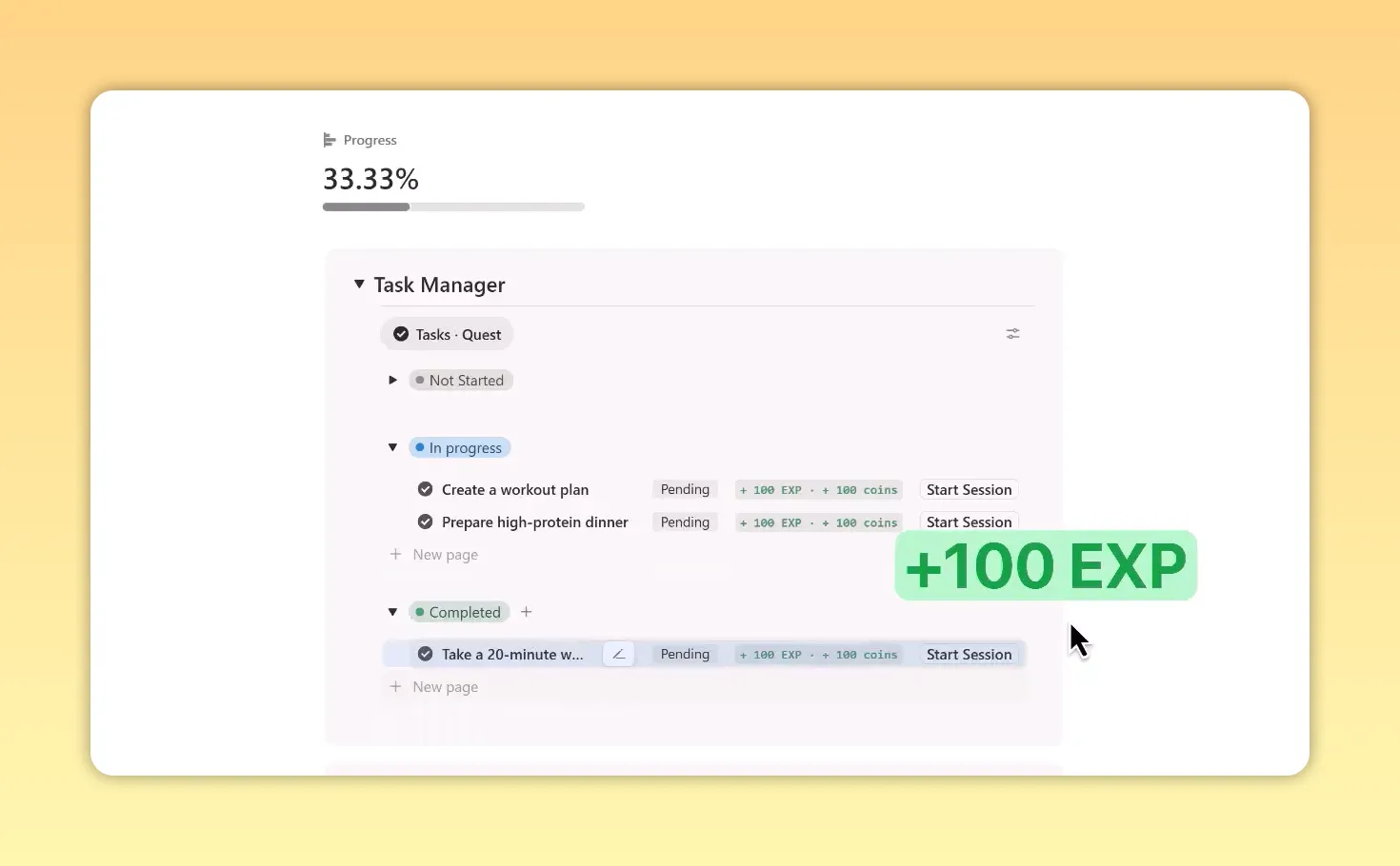 Weight loss goal task manager showing 33.33 percent progress and rewards of 100 dollars and 100 EXP