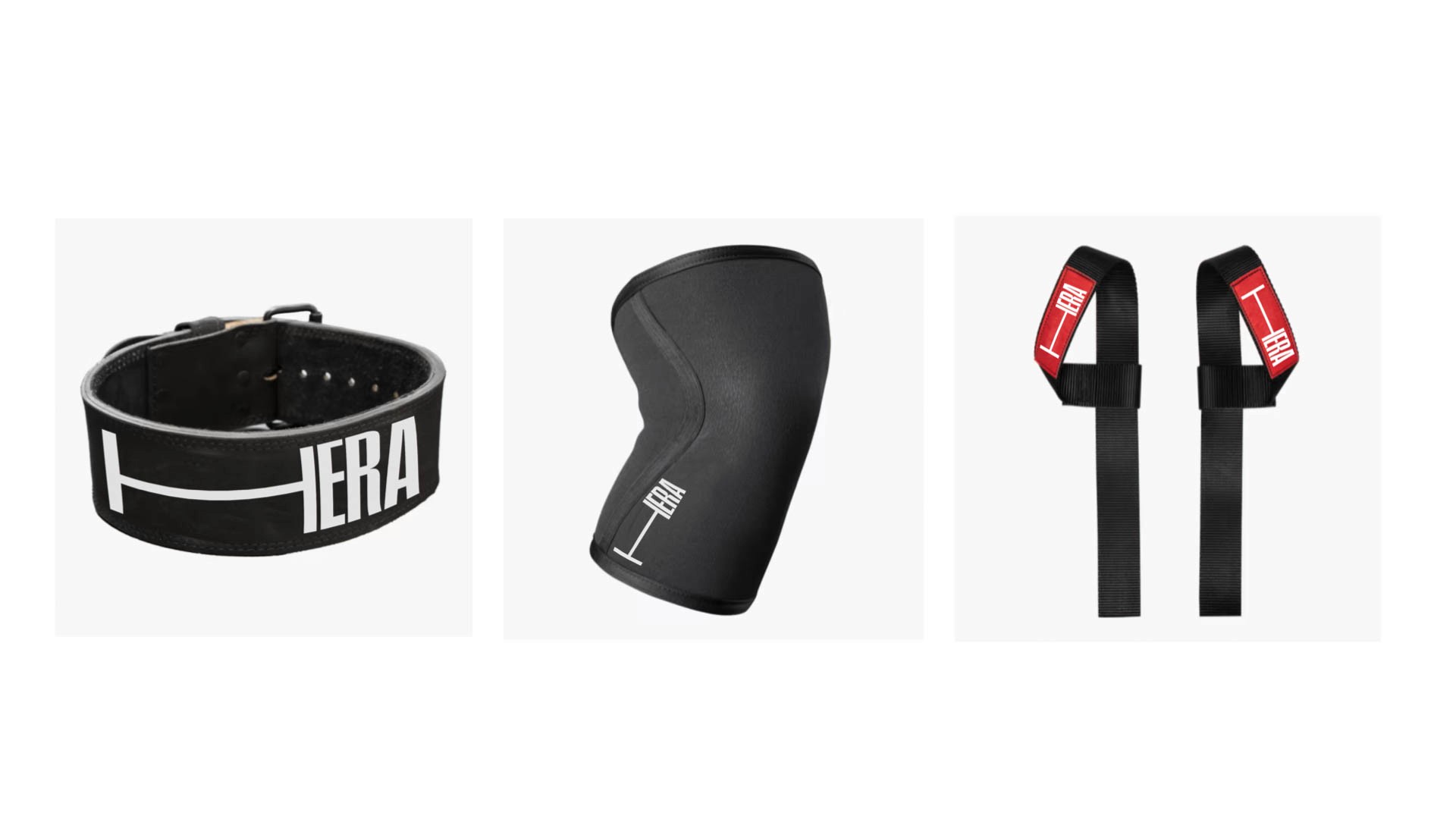 A black leather belt with the word "HERA" in white lettering is shown on the left. To the right is a black knee brace with a white vertical line marking its center. To the right of the brace are two black straps with red and white rectangular labels.