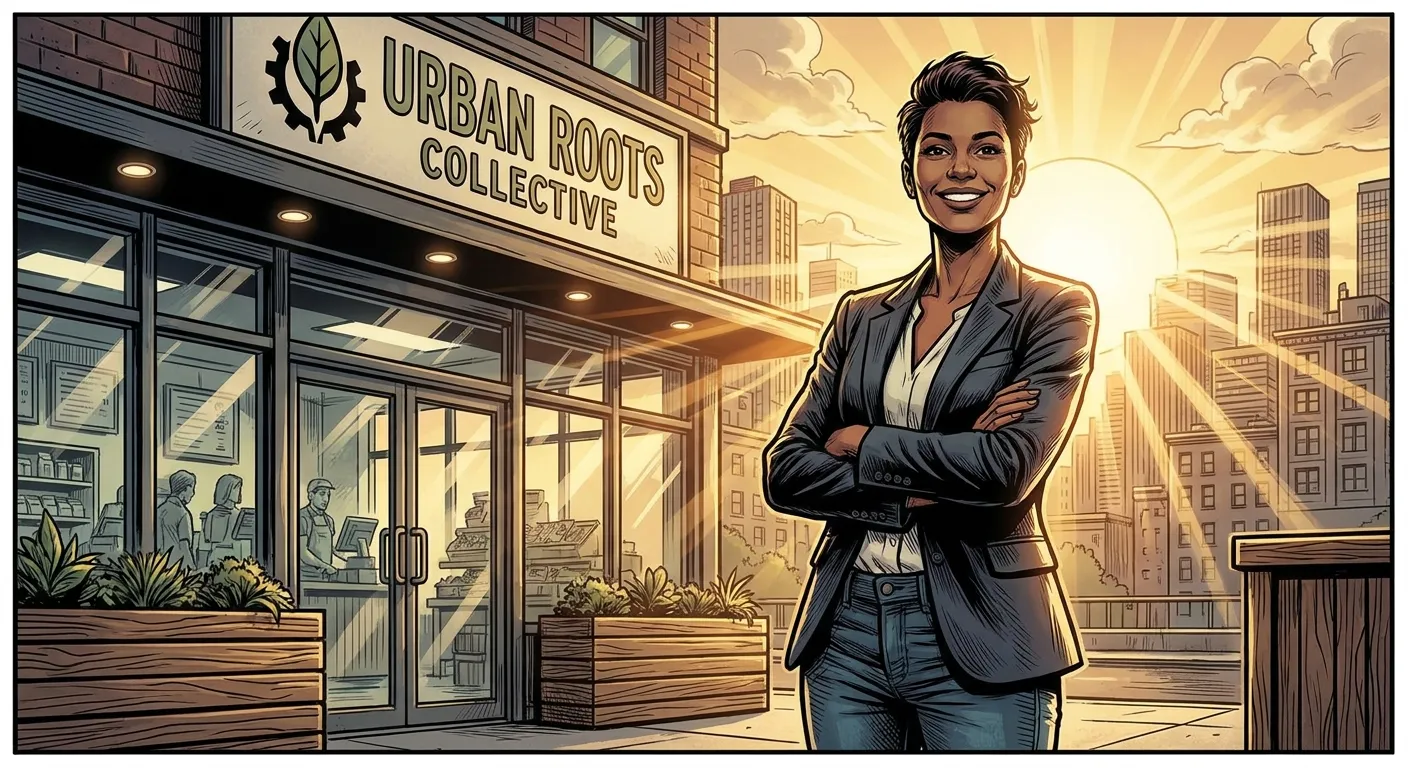 Professional in front of Urban Roots, digital marketing glow, RockN' Socials.