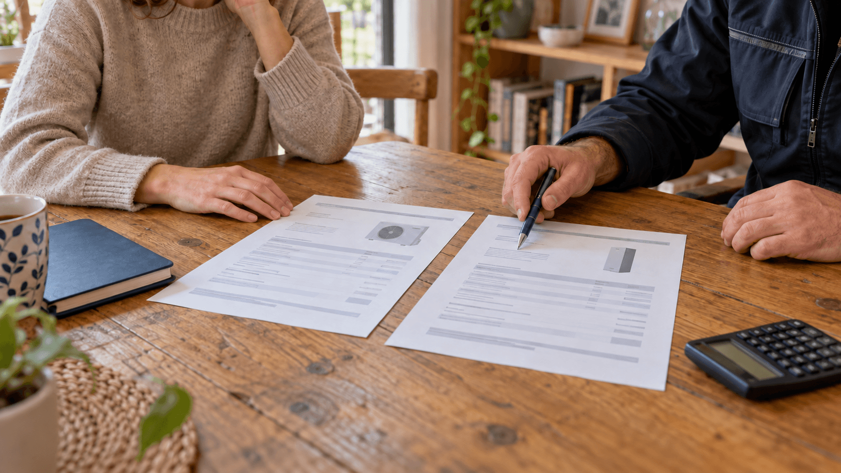 Les mains de deux personnes accompagnent la lecture de deux devis de chauffage posés sur une table, près d’une calculatrice.