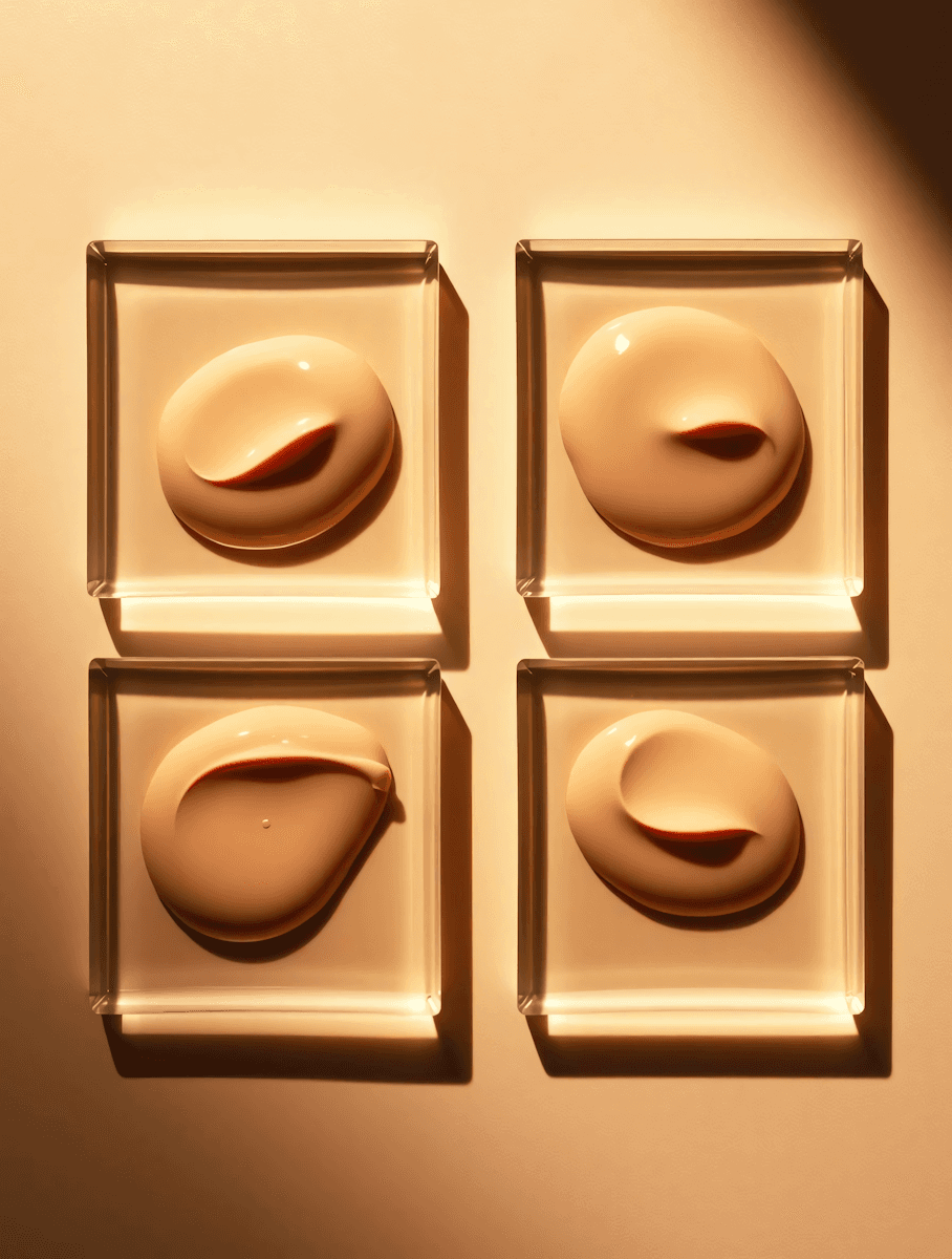 A top-down view of four square glass plates arranged in a grid. Each plate holds a perfect dollop of peach-colored cream, illuminated by warm, golden lighting that casts sharp shadows.