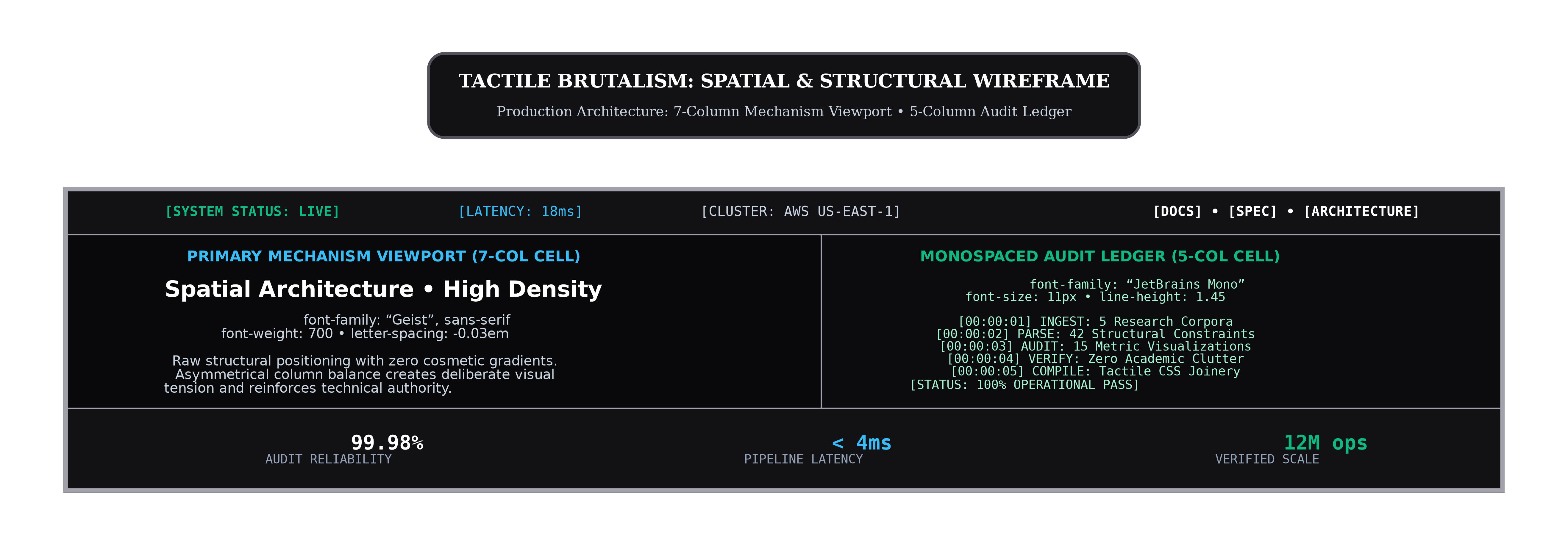 Tactile Brutalism wireframe diagram demonstrating an asymmetrical 7-column mechanism viewport, 5-column monospaced audit ledger, and structural border joinery with live operational telemetry.