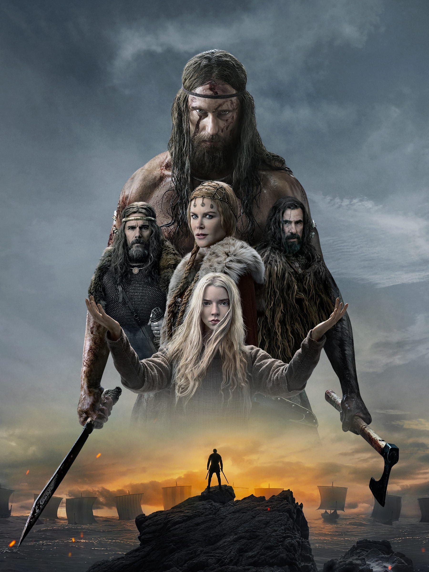 Four Viking characters stand together above a lone warrior on a cliff with ships at sea at sunset.
