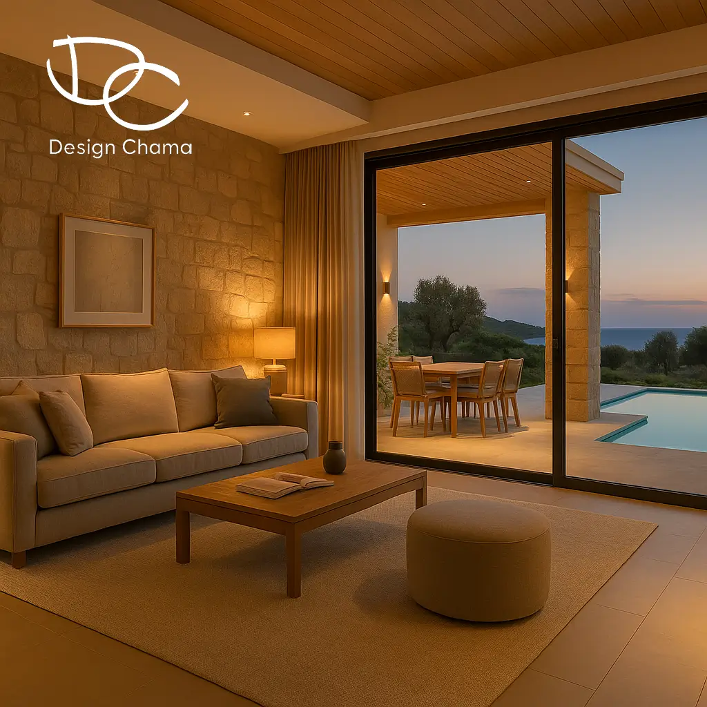 Σαλόνι με θέα την πισίνα και το ηλιοβασίλεμα στο Σούνιο.