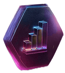 Hexagonal icon with a colorful gradient background featuring ascending bar graphs, symbolizing growth or analytics.