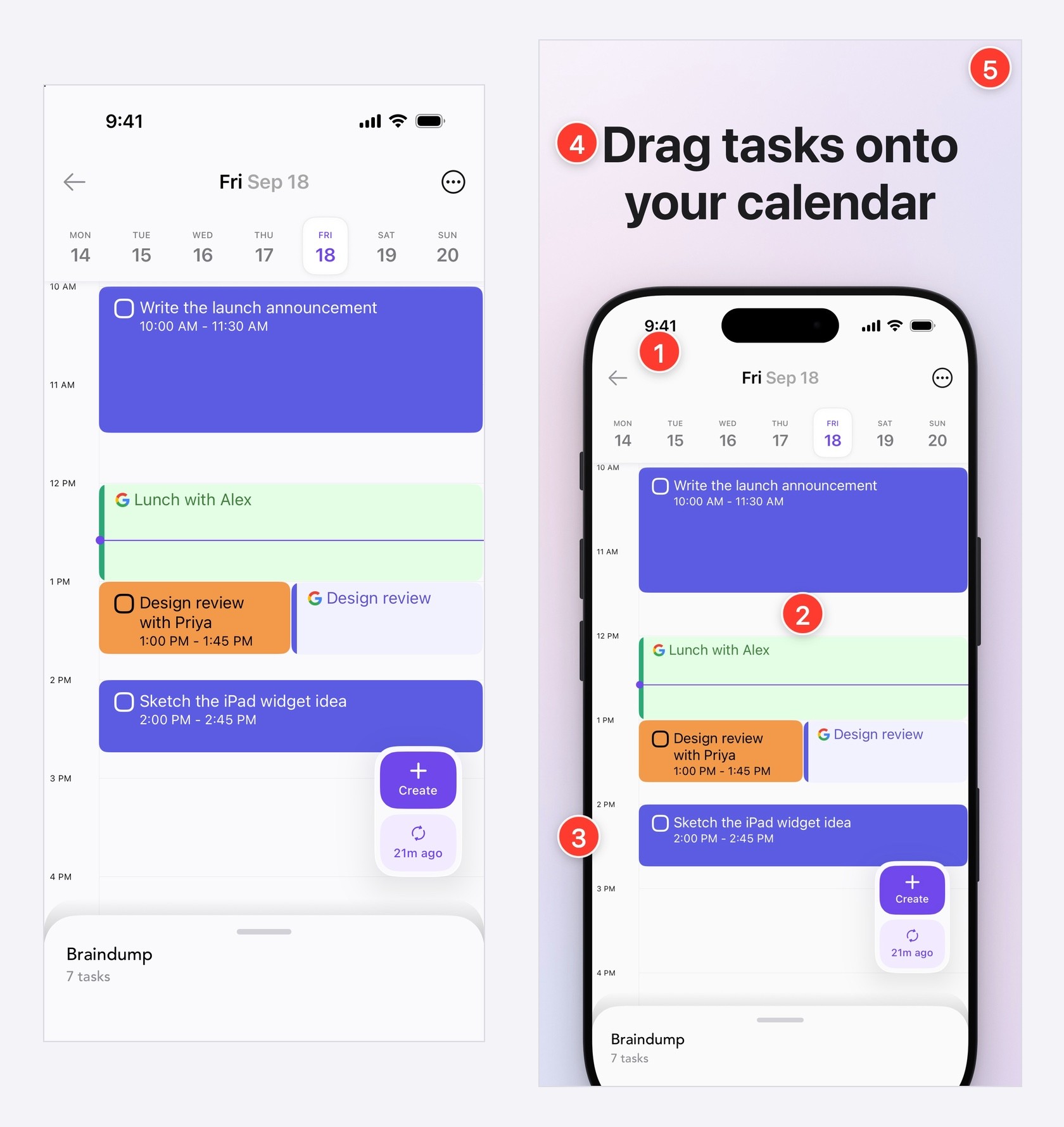 Two versions of the same Ellie calendar screen side by side. On the left, a plain phone screenshot with a 9:41 status bar. On the right, a slightly larger App Store image of the same screen inside a black iPhone frame under the headline Drag tasks onto your calendar, with red numbered circles 1 just under the status bar’s 9:41, 2 on the app screen, 3 on the phone’s frame, 4 beside the headline and 5 in the corner of the lilac background
