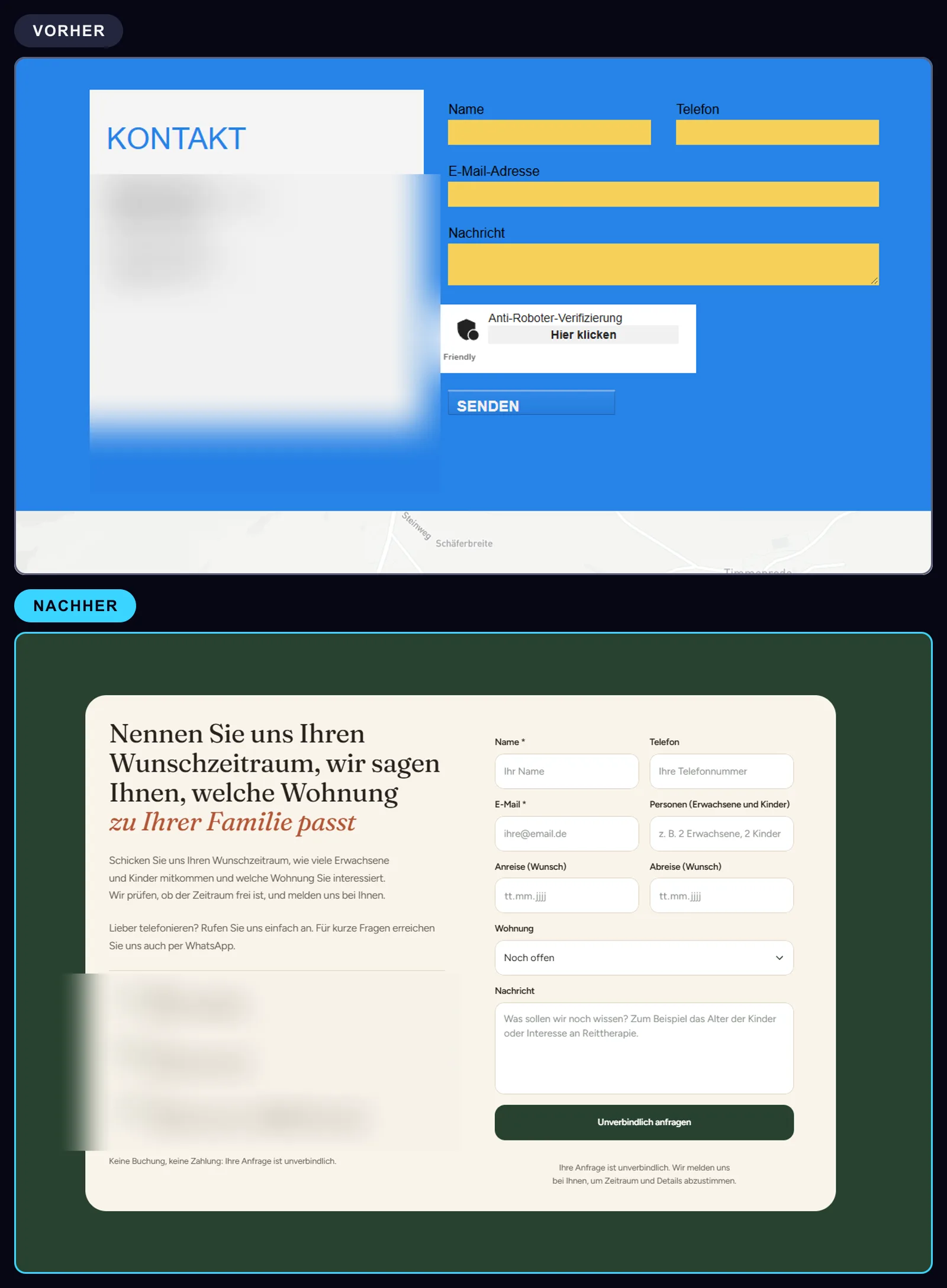 Vergleich der Kontaktaufnahme: oben die alte Kontaktseite mit gelbem Formular als eigene Unterseite, darunter der Anfrage-Abschnitt der neuen Startseite mit Wunschzeitraum und dem Hinweis unverbindlich.