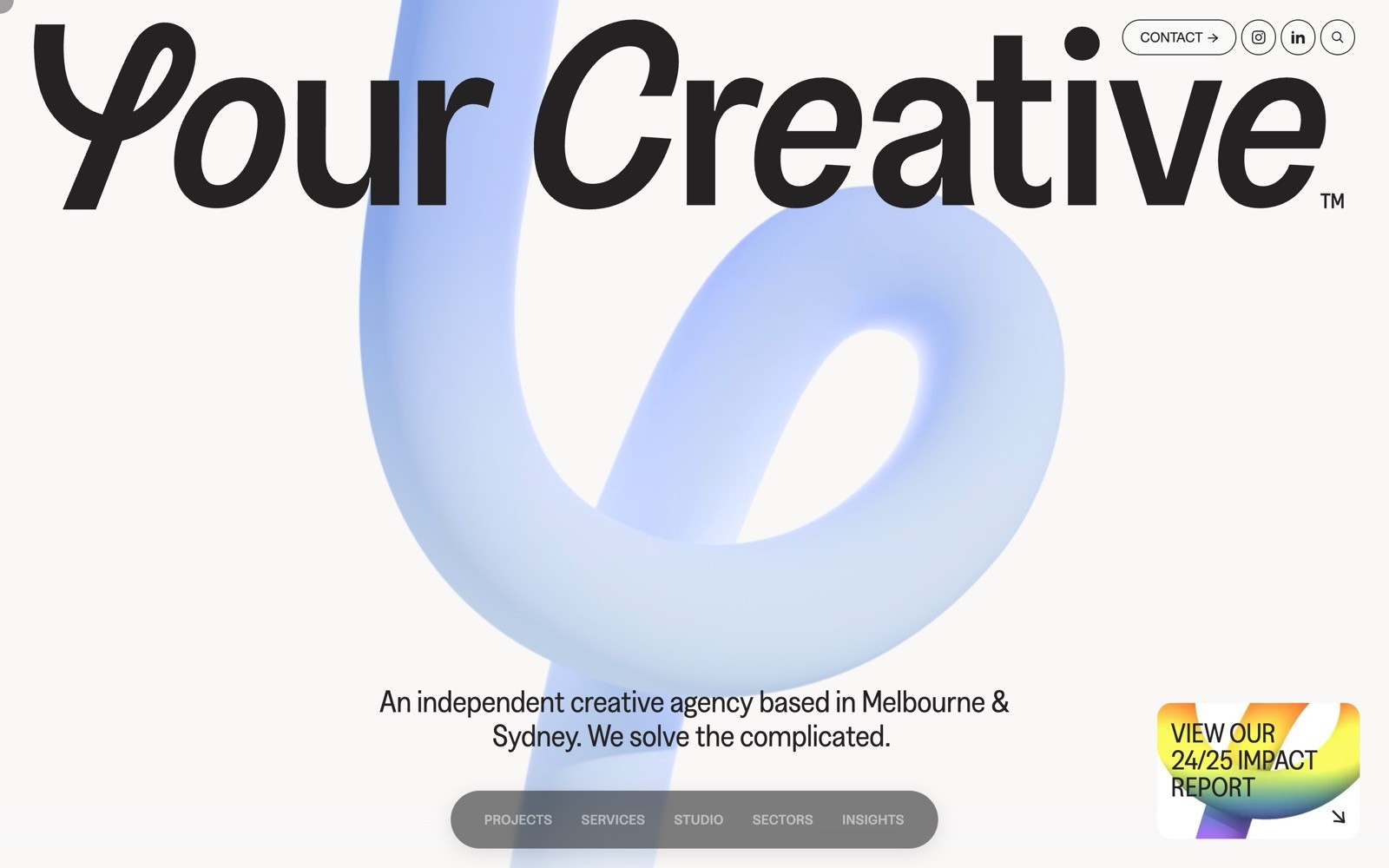 Fluid blue abstract design with bold "Your Creative" text. Buttons for contact and social media icons. Text: "An independent creative agency...