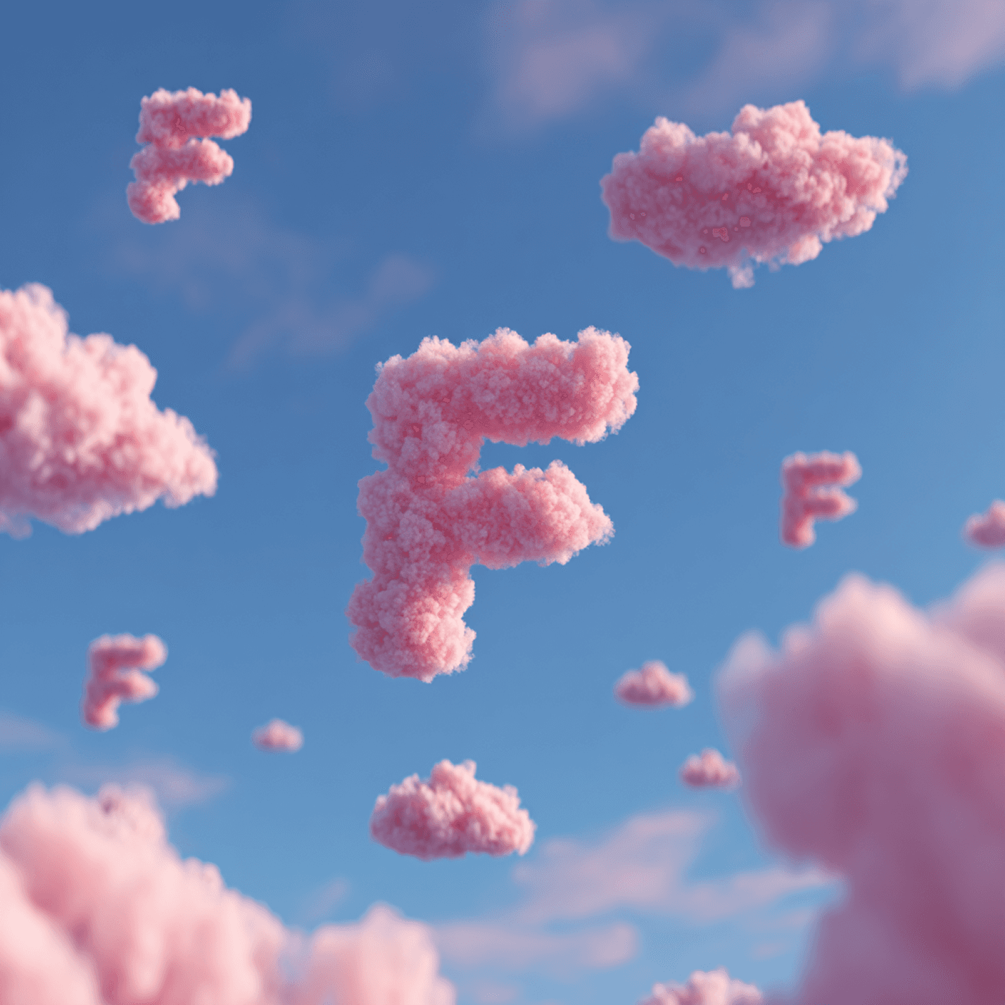 Fluffy pink clouds shaped like the letter "F" float in a bright blue sky, creating a whimsical and playful atmosphere.